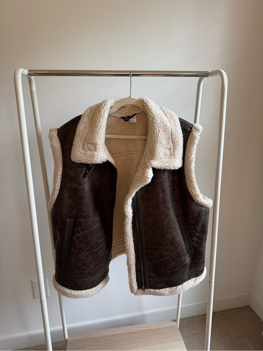 H&M Divided Brown Faux Leather & Shearling Aviator Vest
